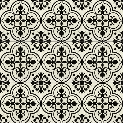 NUFLR self adhesive floor tiles 30cm x 30cm with decorative black and white floral patterns for easy home renovation