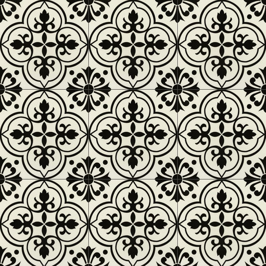 NUFLR self adhesive floor tiles 30cm x 30cm with decorative black and white floral patterns for easy home renovation