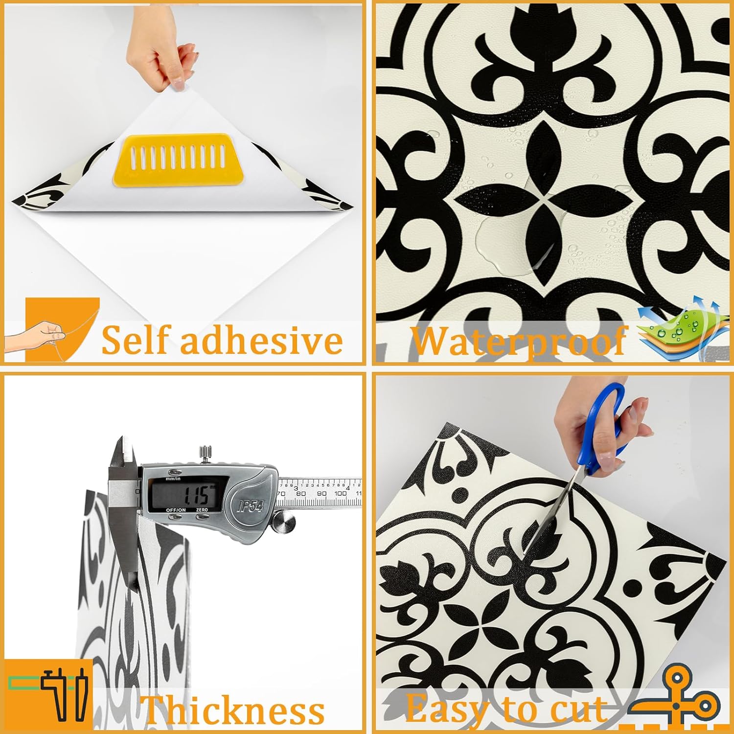 NUFLR self adhesive floor tiles 30cm x 30cm in black and white with easy cut design and waterproof features