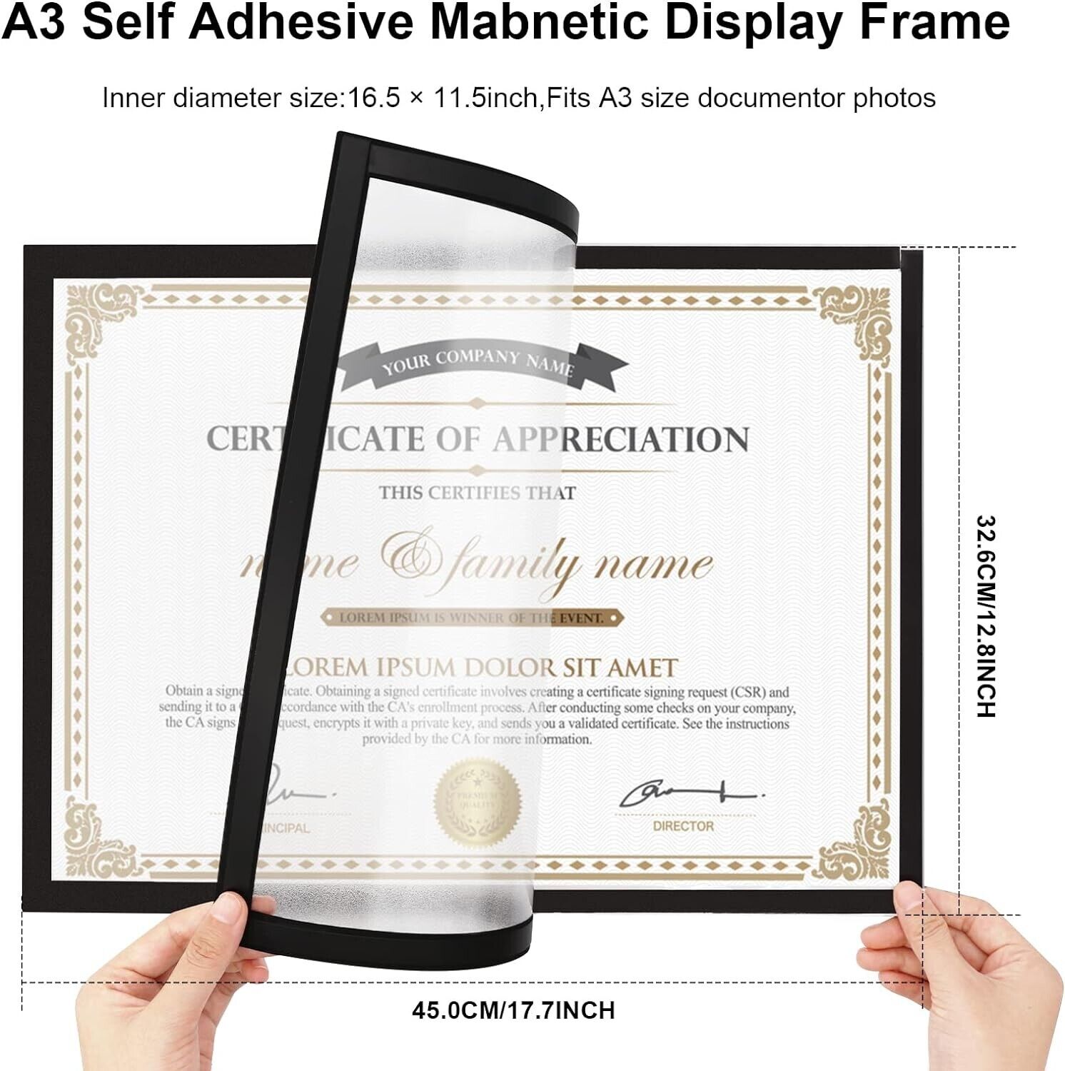 A3 self adhesive magnetic picture frame displaying a certificate with a black border