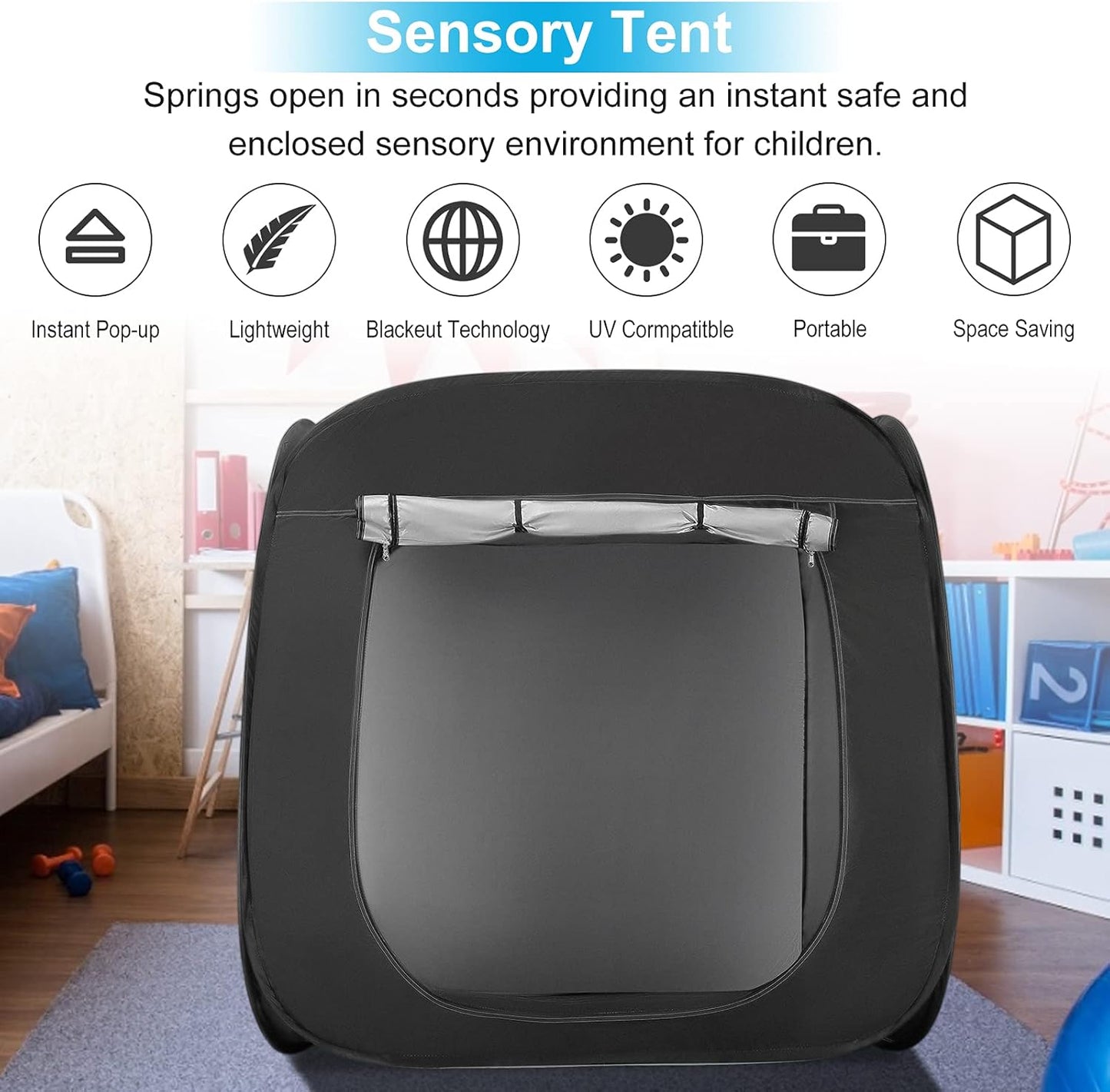 Portable sensory blackout tent for children providing an enclosed safe environment