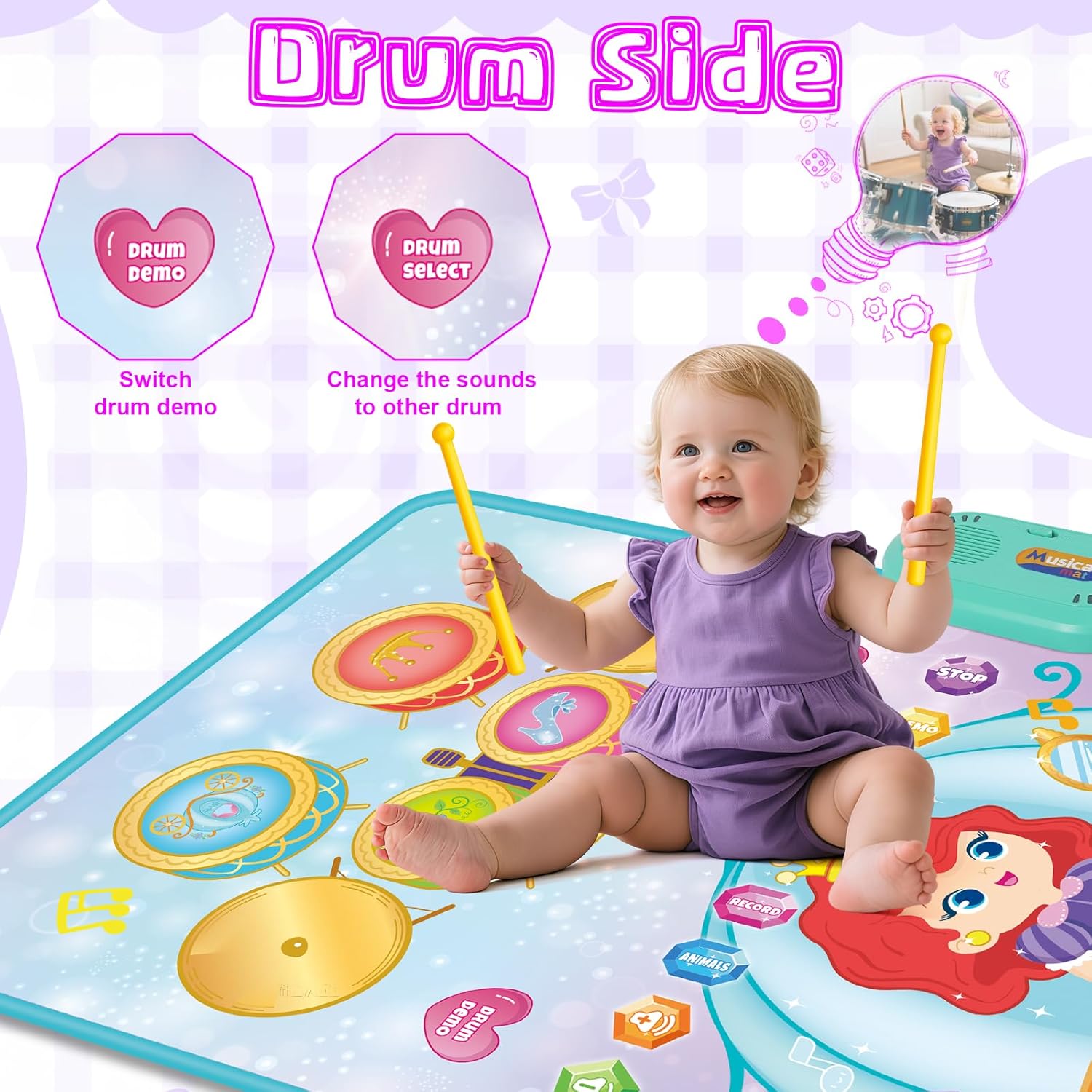 Shayson 3-in-1 piano drum mat for kids featuring a child playing drums with interactive sounds