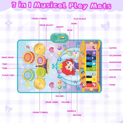 Colourful 3-in-1 piano drum mat for kids featuring musical instruments and character design.