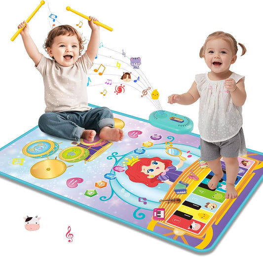 Children playing on a colourful 3-in-1 piano drum mat for kids with musical features and fun characters