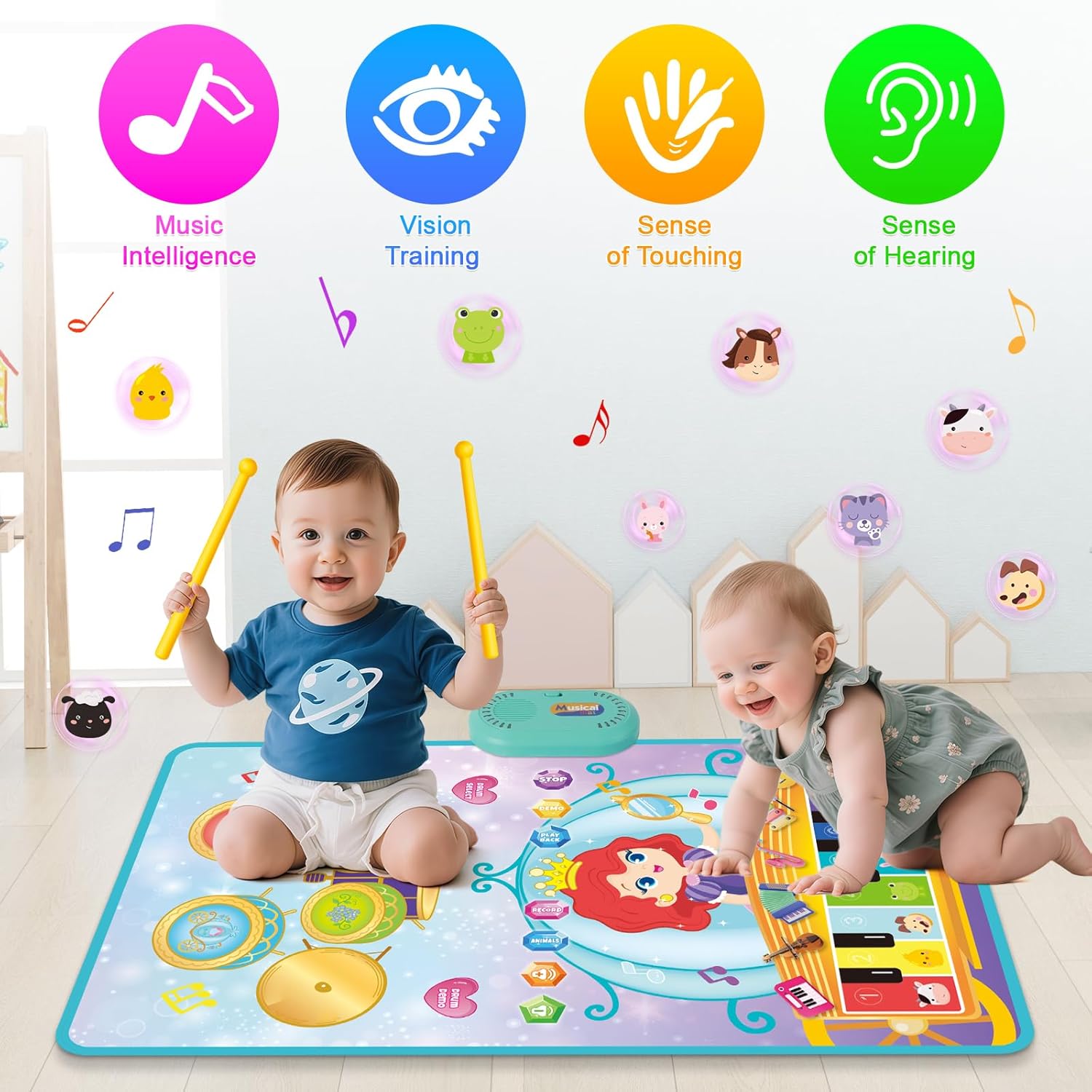 Children playing on a Shayson 3-in-1 piano drum mat for kids, promoting music and sensory skills