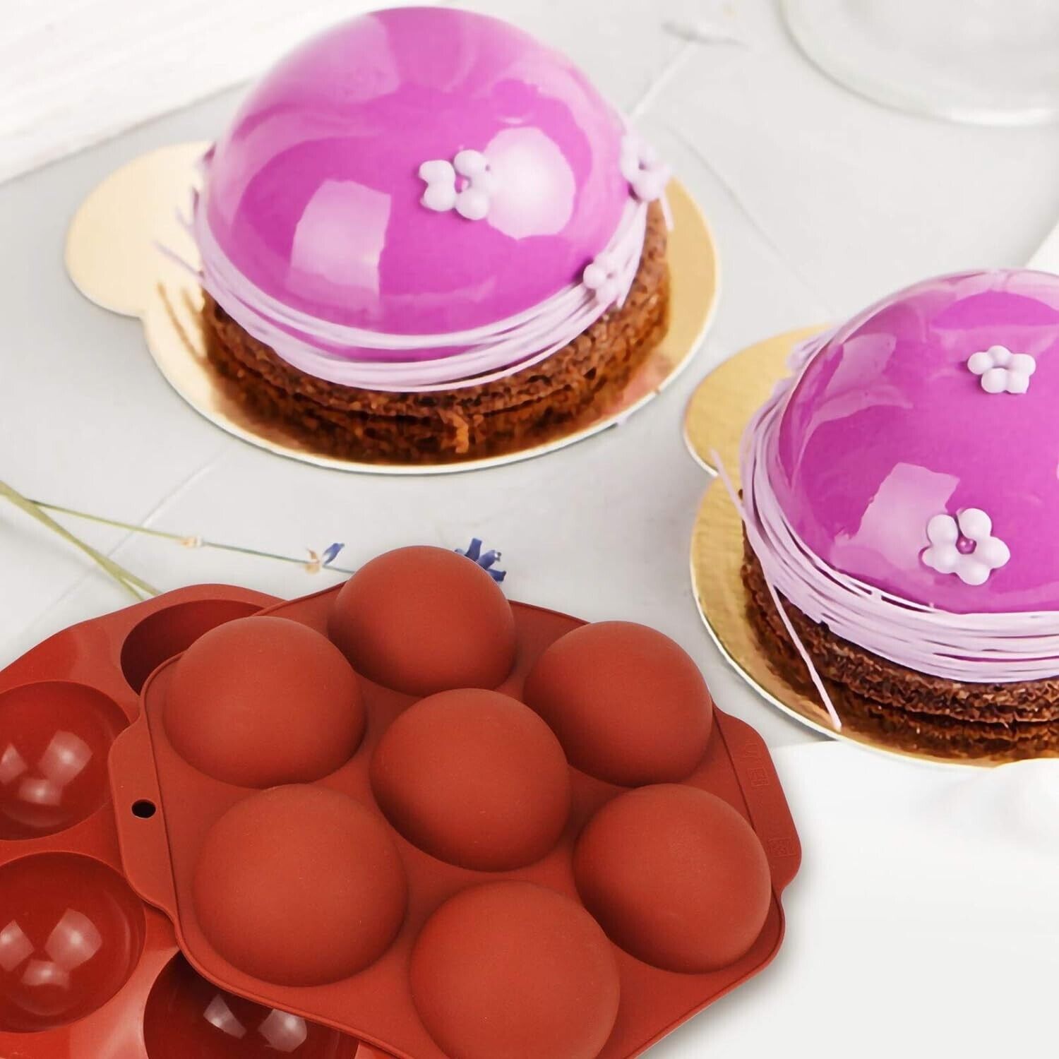 Silicone chocolate mould with eight cavities for creating round chocolate desserts and treats