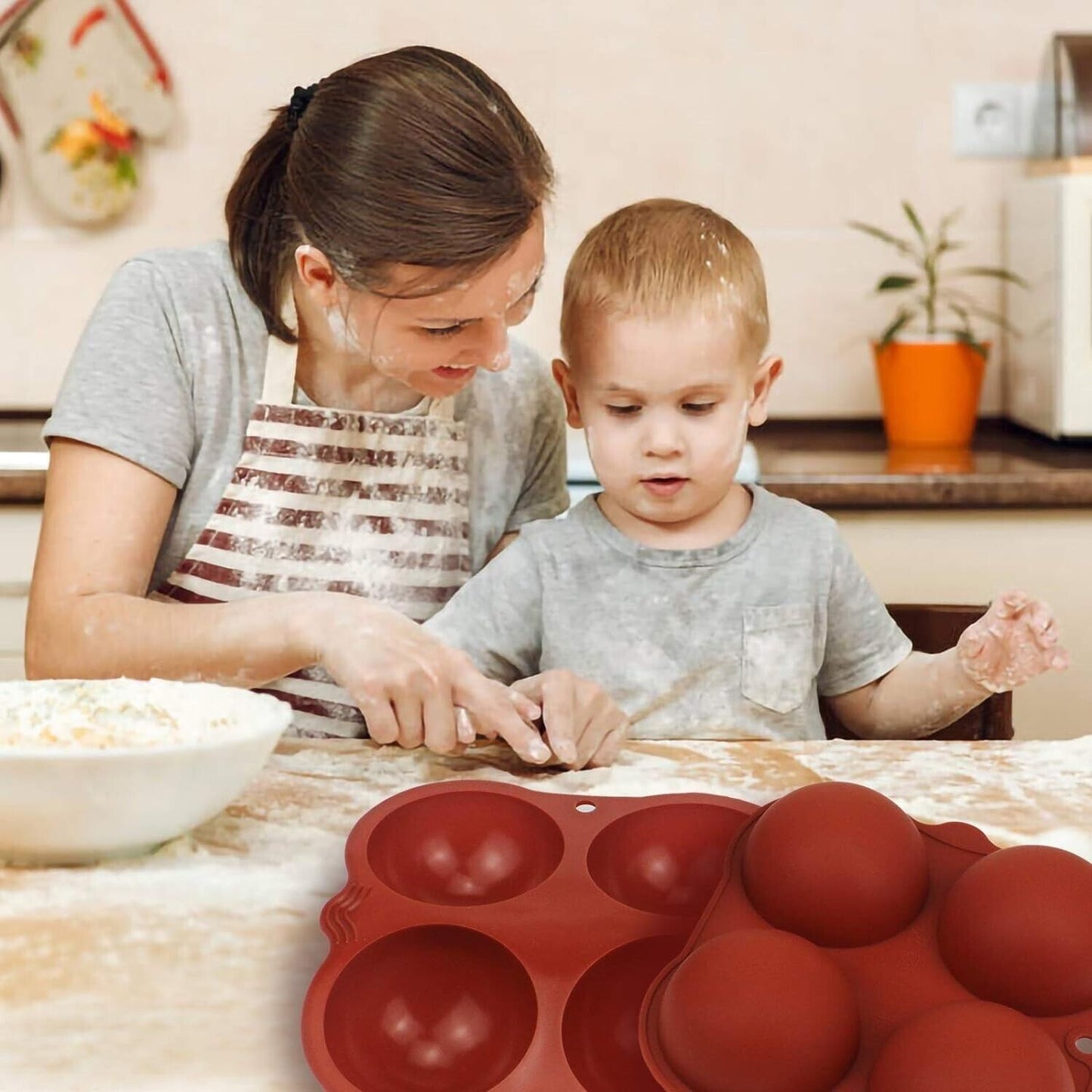 Silicone chocolate mould for making spherical chocolates, perfect for baking with kids