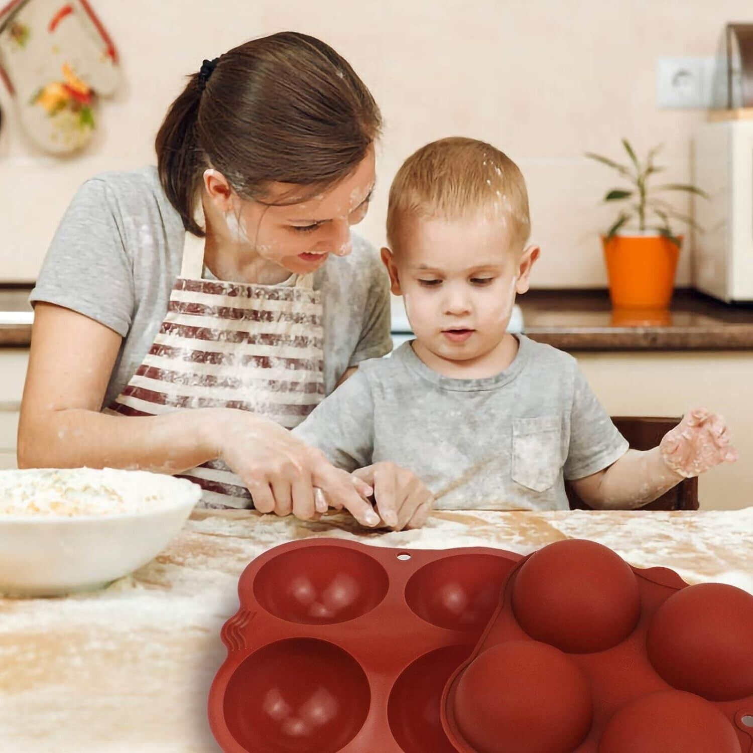 Silicone chocolate mould for making spherical chocolates, perfect for baking with kids