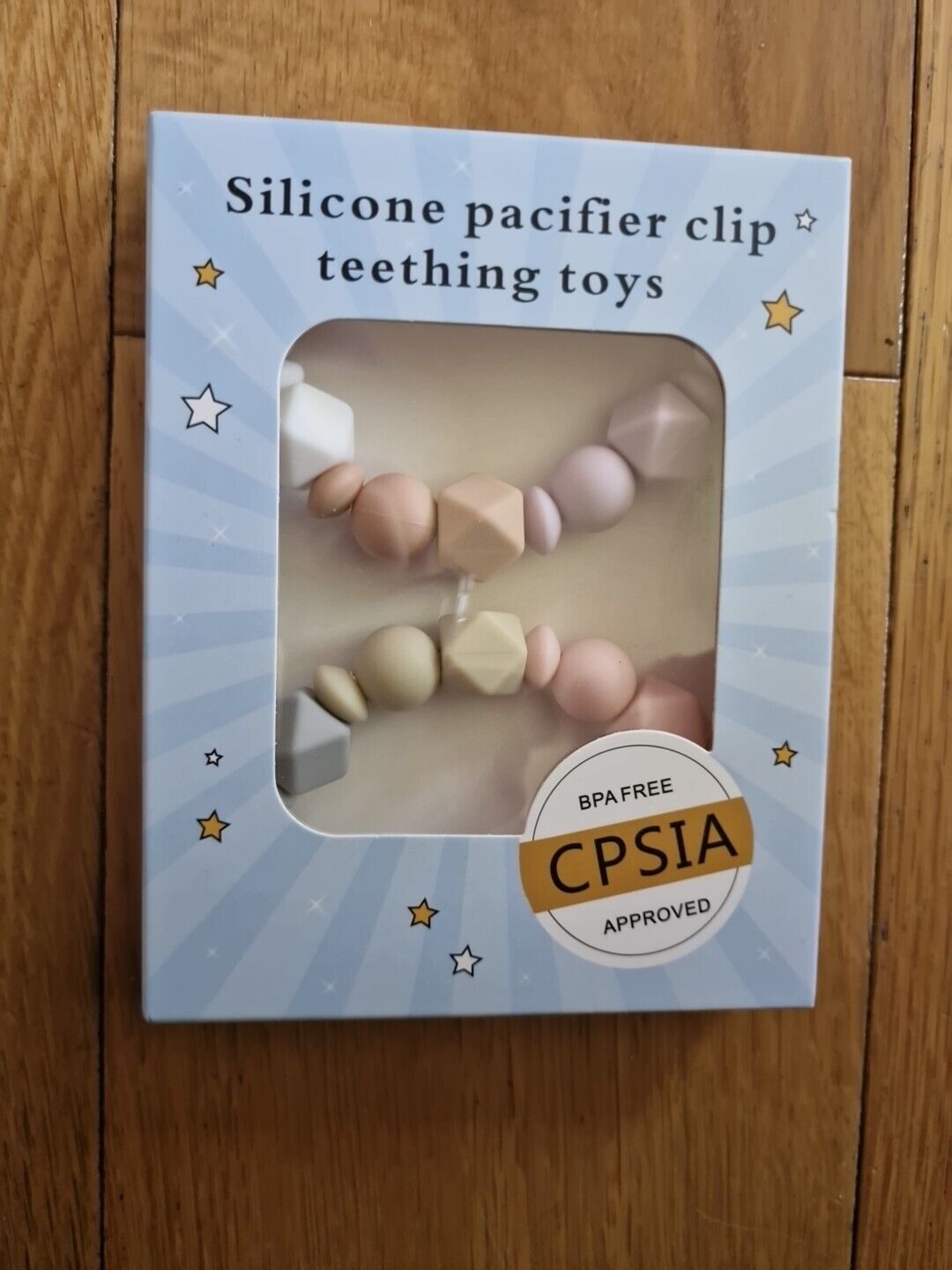Silicone pacifier clip teething toys packaged with BPA-free seal for infants