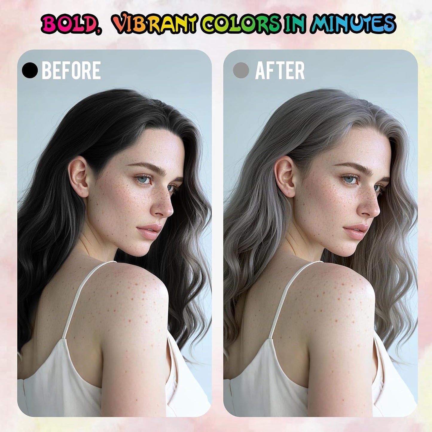 Before and after images showing silver white temporary hair colour spray results on wavy hair