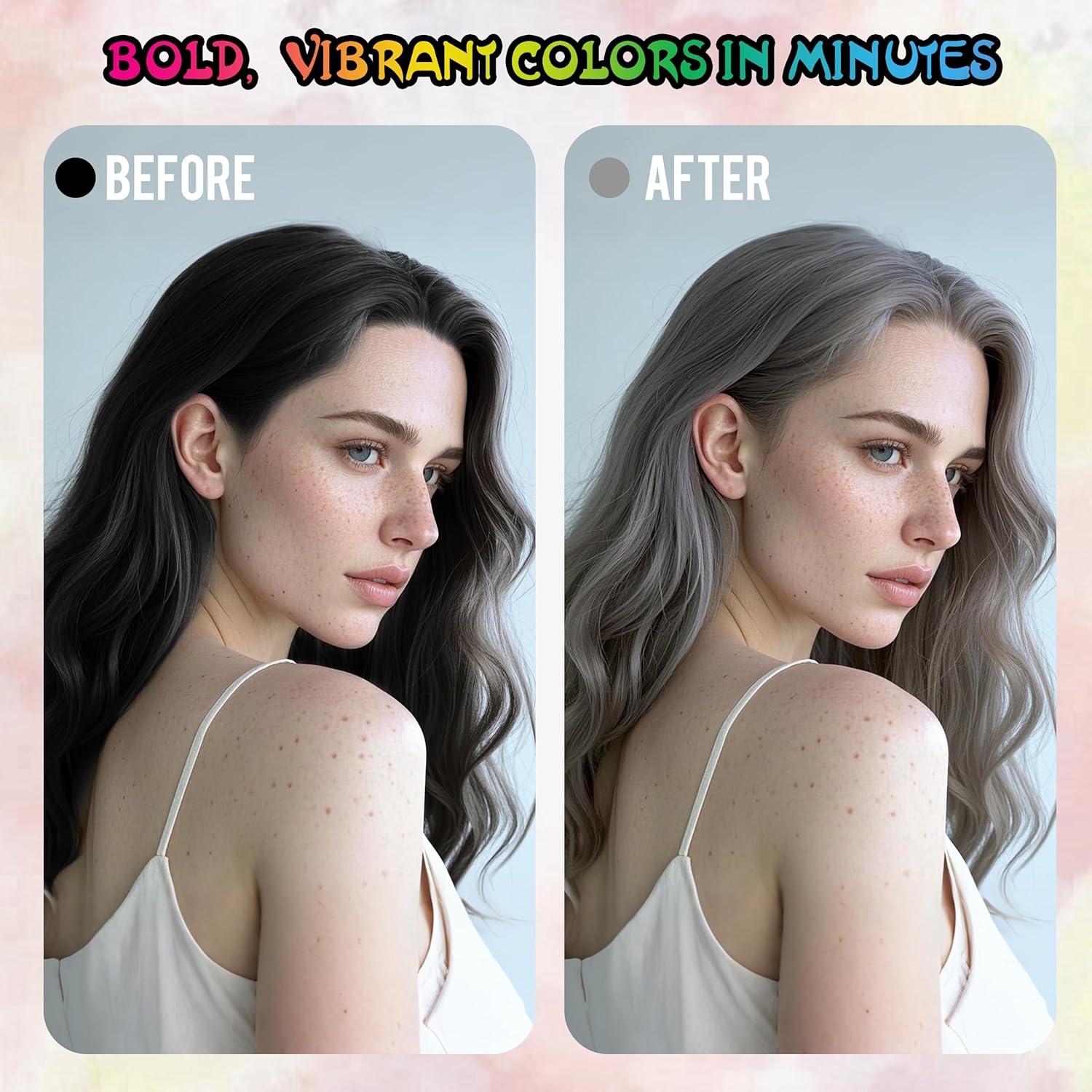 Before and after images showing silver white temporary hair colour spray results on wavy hair