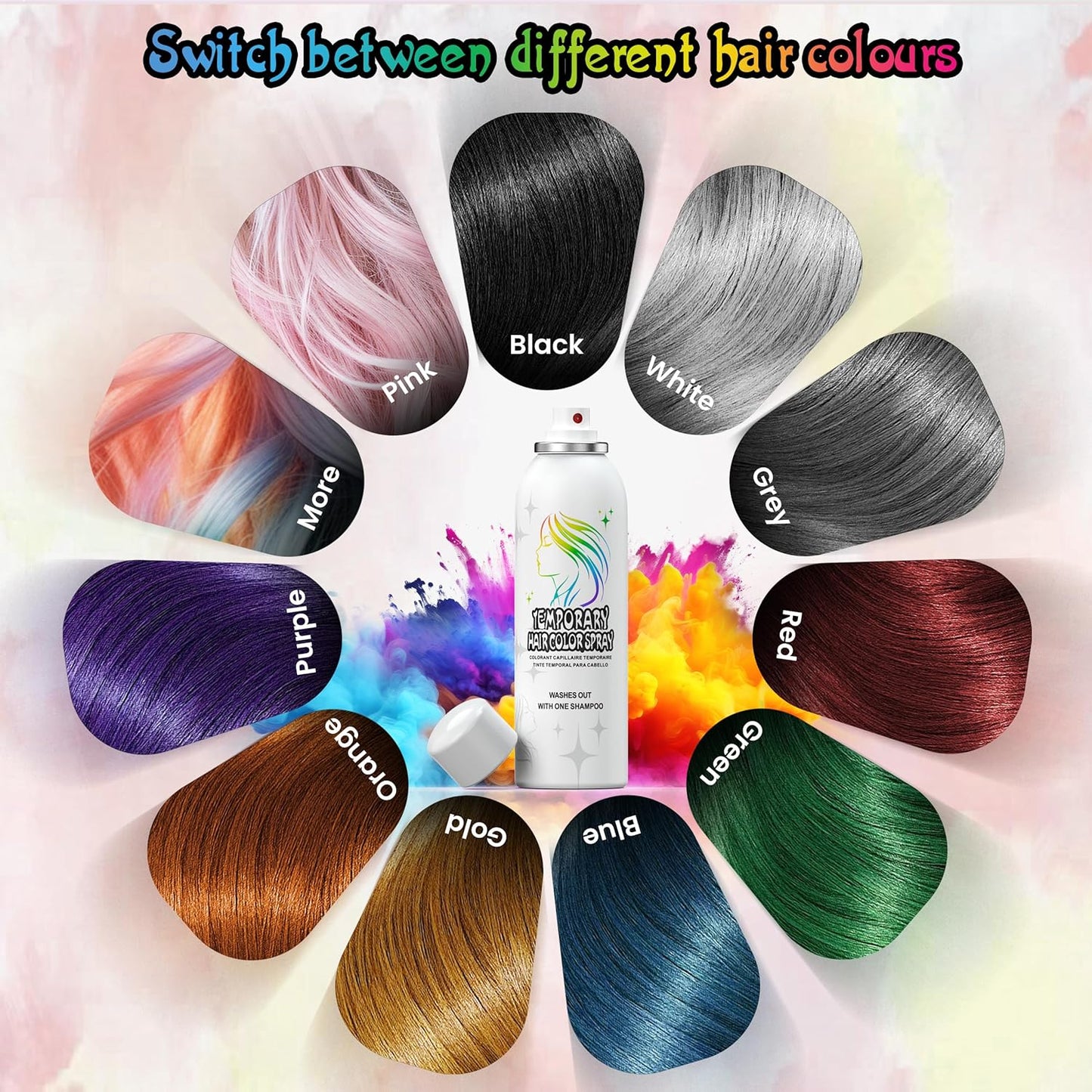 HIESGIE silver white temporary hair colour spray alongside various vibrant hair colour samples