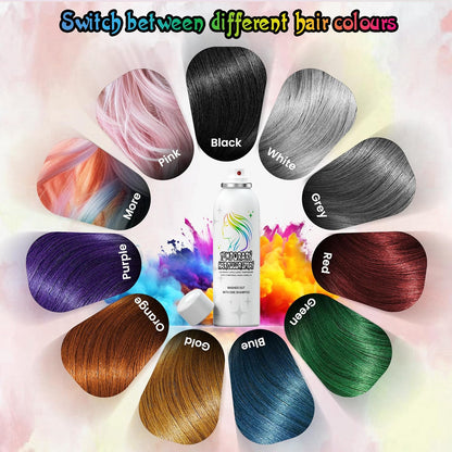 HIESGIE silver white temporary hair colour spray alongside various vibrant hair colour samples