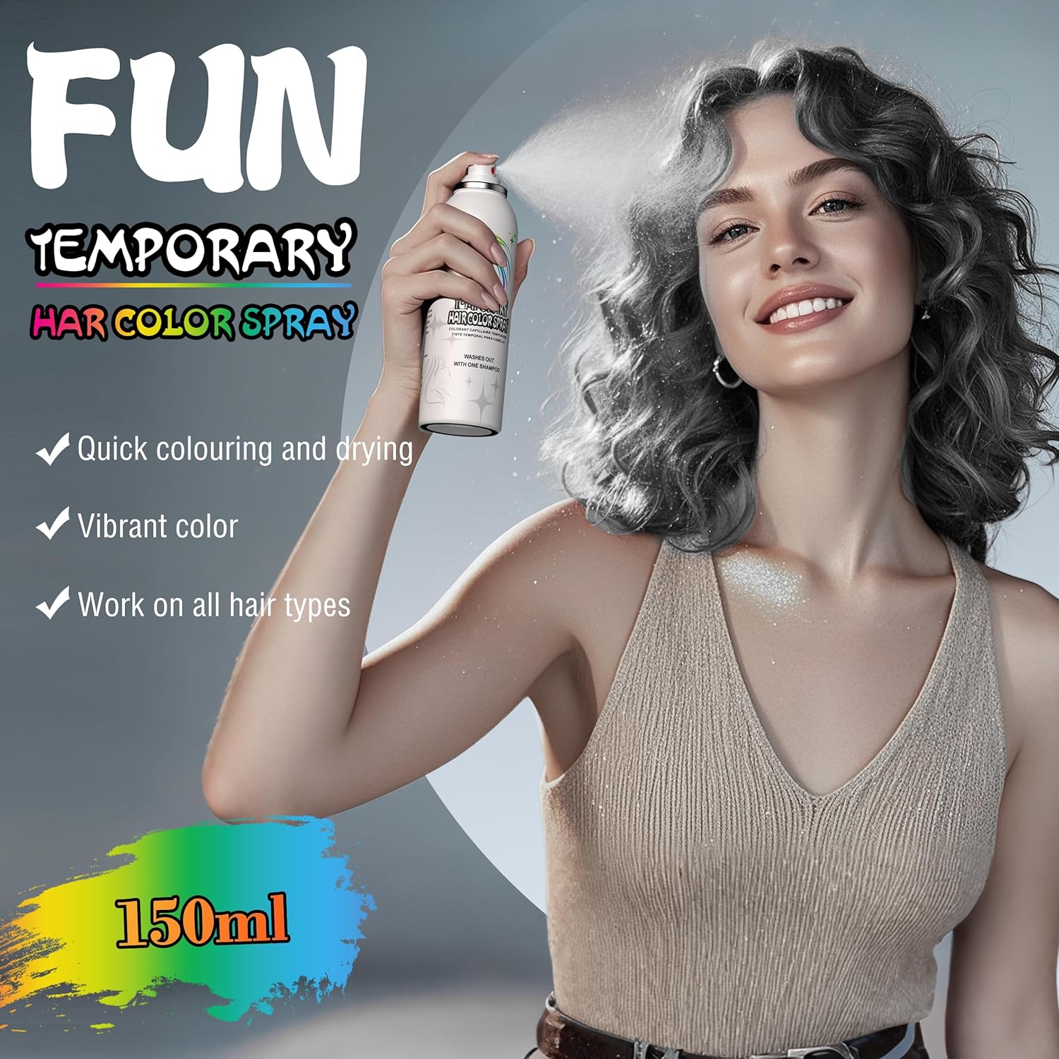 HIESGIE silver white temporary hair colour spray shown on a smiling woman with wavy hair for vibrant styling
