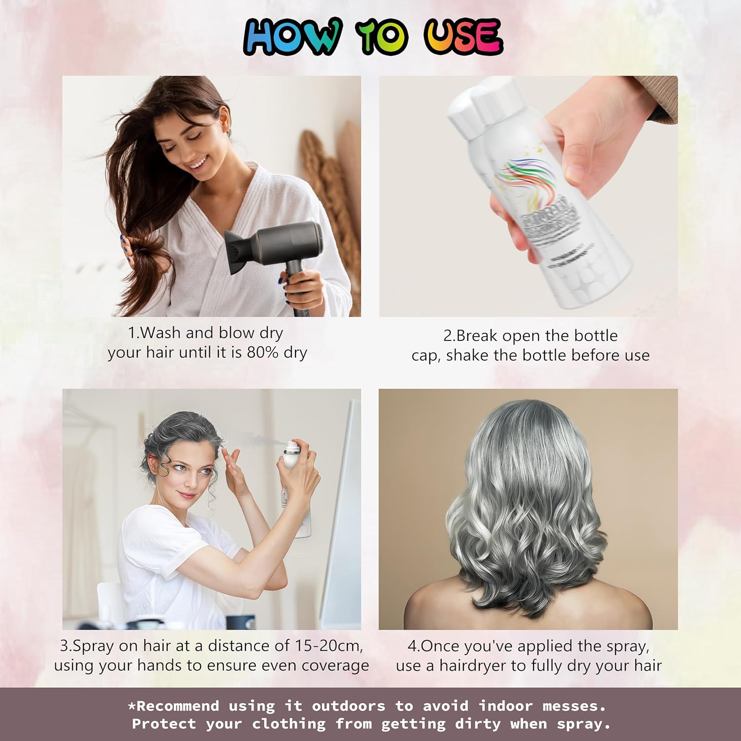 Instructions for using silver white temporary hair colour spray with steps and tips for optimal results