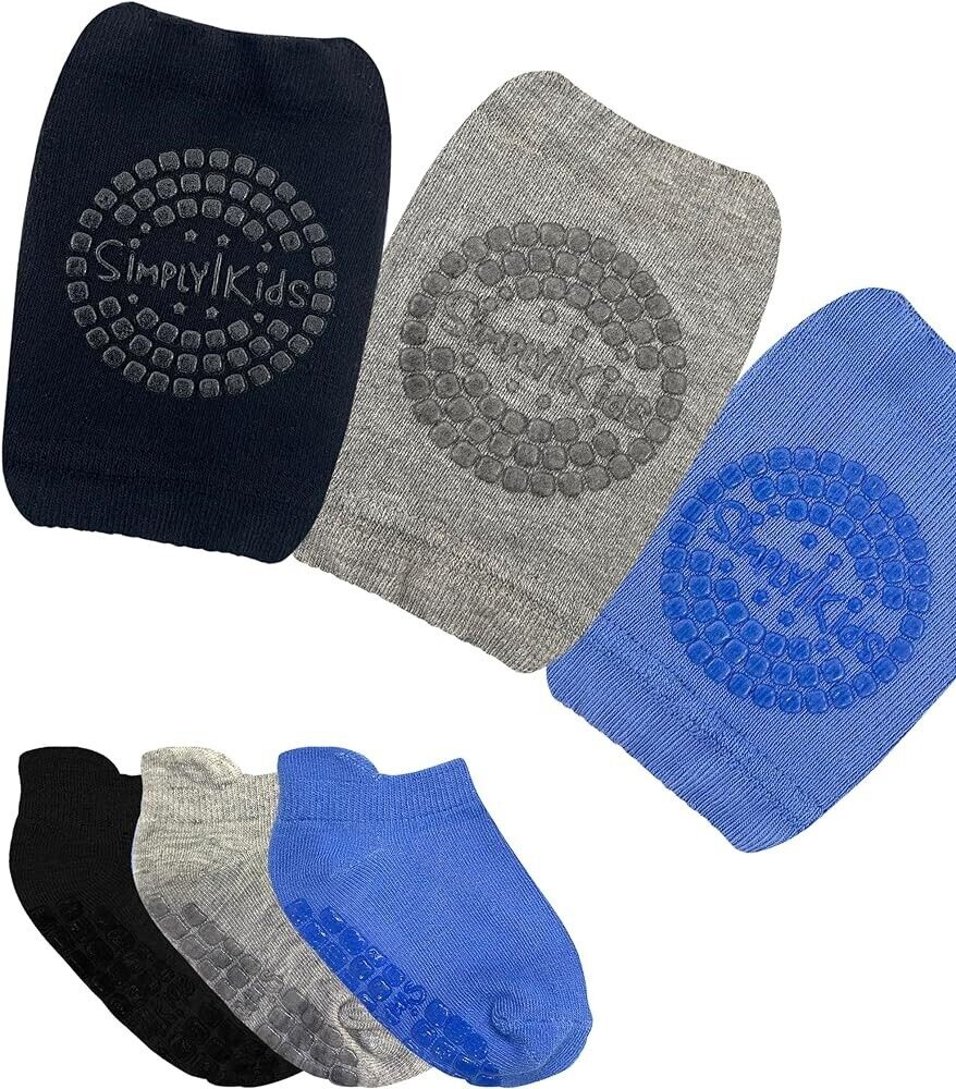 Anti-slip baby knee pads and socks set in navy, grey, and blue with textured grip patterns