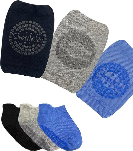 Anti-slip baby knee pads and socks set in navy, grey, and blue with textured grip patterns