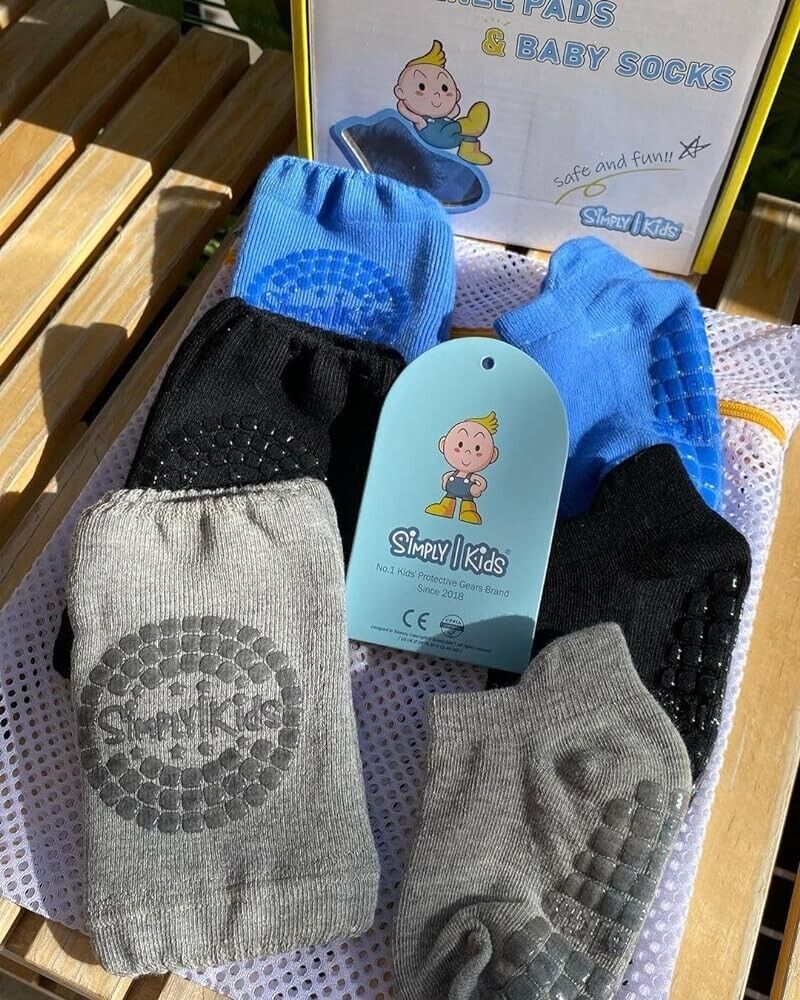 Anti-slip baby knee pads and socks set in grey and blue, featuring non-slip grips for safety