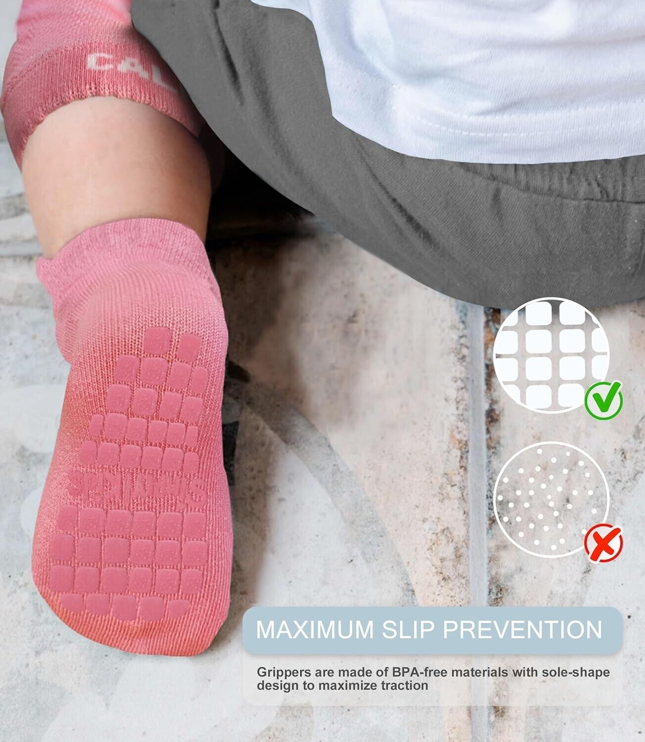 Pink anti-slip baby knee pads and socks set featuring BPA-free materials for maximum slip prevention