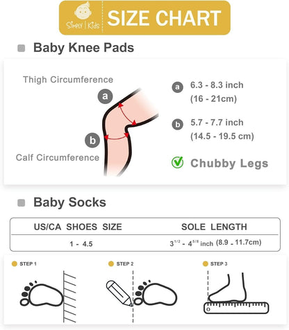 Size chart for anti-slip baby knee pads and socks set showing measurements for chubby legs and shoe sizes