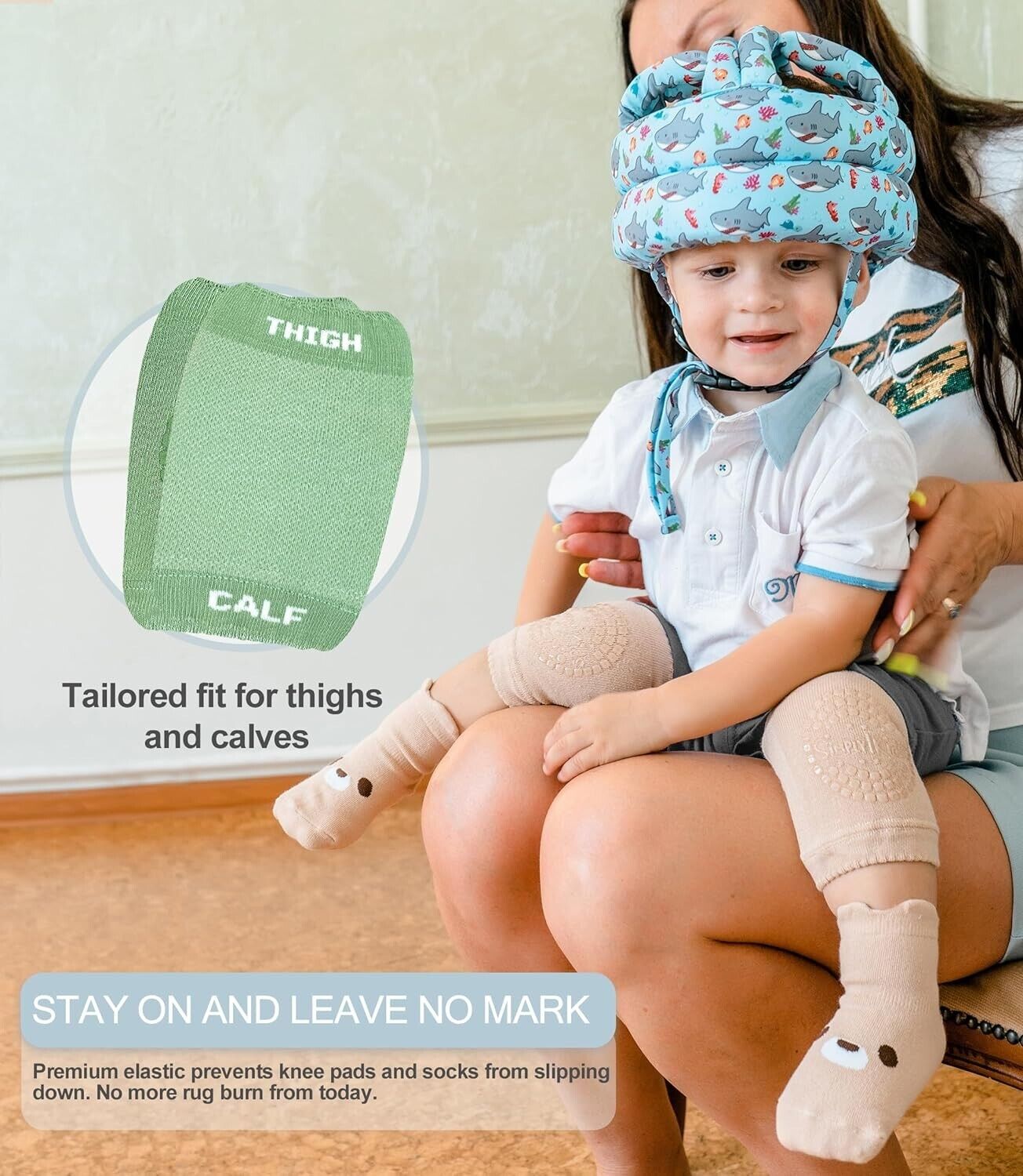Anti-slip baby knee pads and socks set in cream and pastel colours for comfortable crawling protection