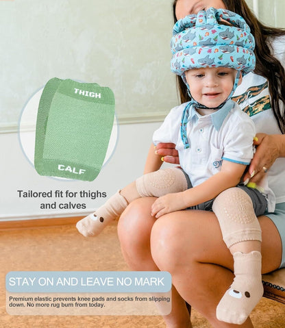 Anti-slip baby knee pads and socks set in cream and pastel colours for comfortable crawling protection