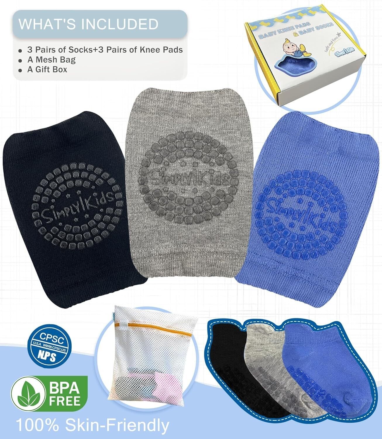 Anti-slip baby knee pads and socks set with three pairs of knee pads and a mesh bag included