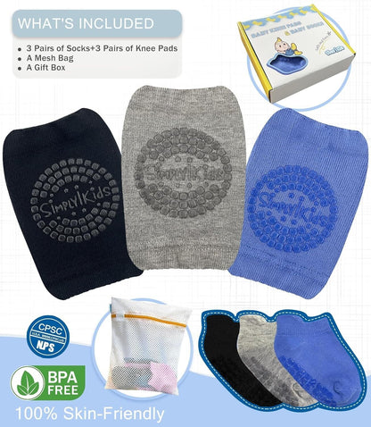 Anti-slip baby knee pads and socks set with three pairs of knee pads and a mesh bag included