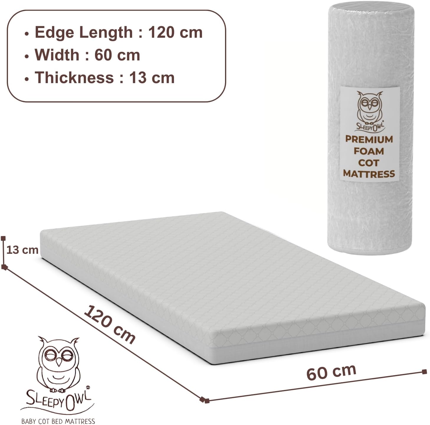 Sleepy Owl premium foam cot mattress measuring 120 cm by 60 cm and 13 cm thick for baby comfort
