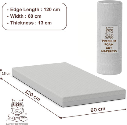 Sleepy Owl premium foam cot mattress measuring 120 cm by 60 cm and 13 cm thick for baby comfort