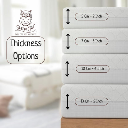 Sleepy Owl premium foam cot mattress displaying thickness options from 2 inch to 4 inch to 5 inch