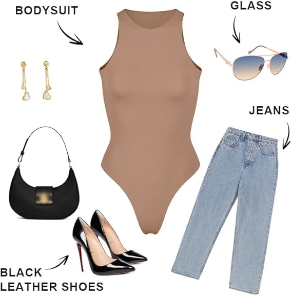 ShaperX sleeveless bodysuit for women styled with jeans and accessories for a chic look