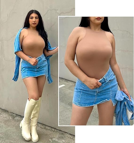 ShaperX sleeveless bodysuit for women, styled with a denim skirt and jacket for a chic look