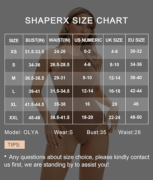 ShaperX size chart for sleeveless bodysuit for women with measurements for XS to XL sizes