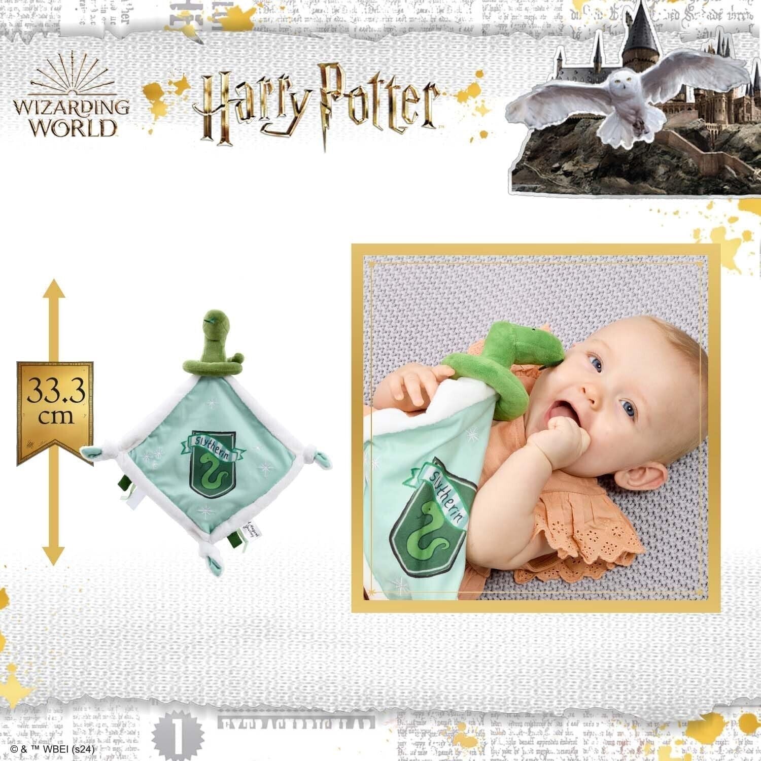 Slytherin comfort blanket for babies featuring soft fabric and plush handle for snuggling