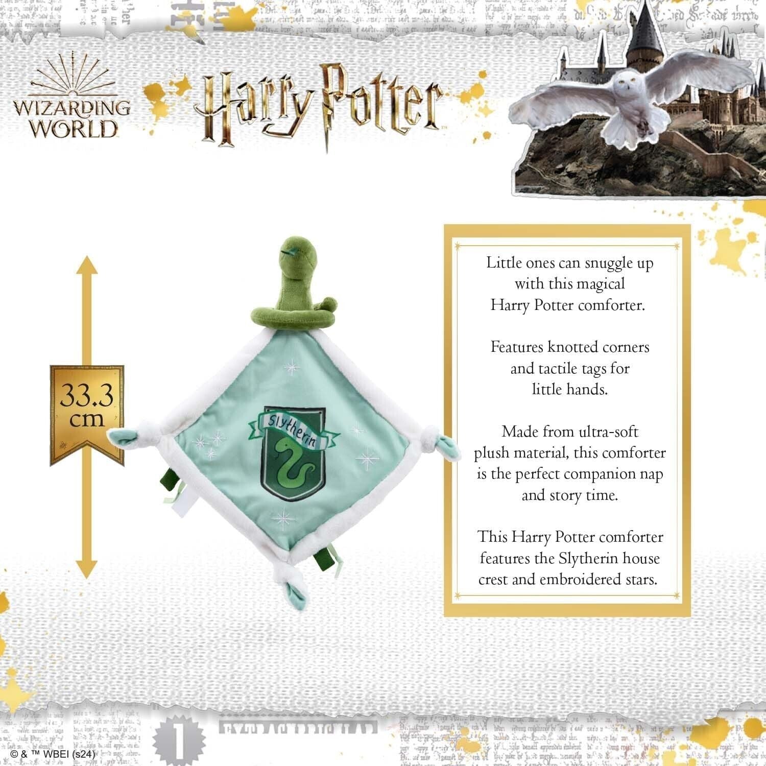 Slytherin comfort blanket featuring soft plush material and embroidered details for Harry Potter fans