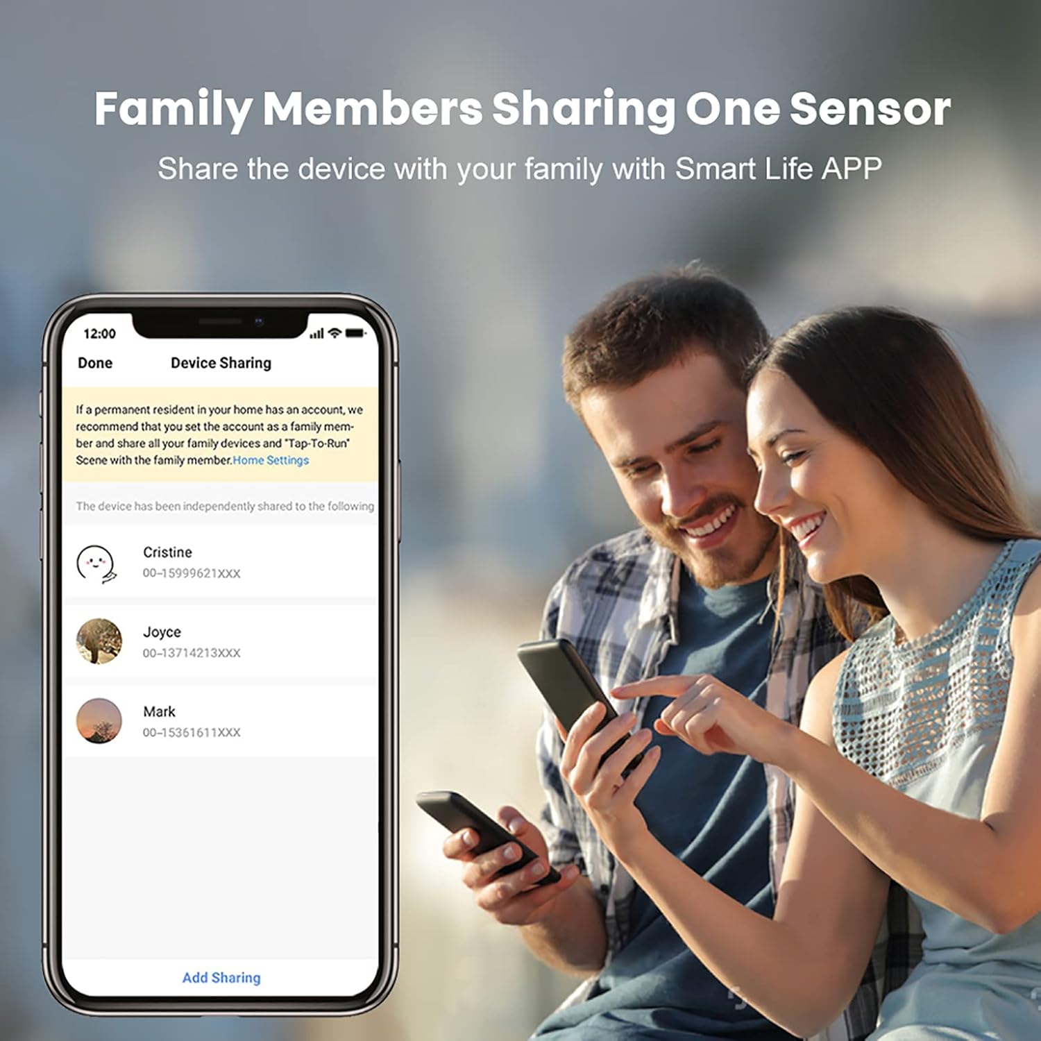 Family members sharing a smart door window sensor using Smart Life App for enhanced home security