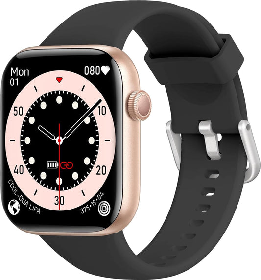 Acclafit smart watch for men and women with rose gold frame and black silicone strap displaying a stylish dial