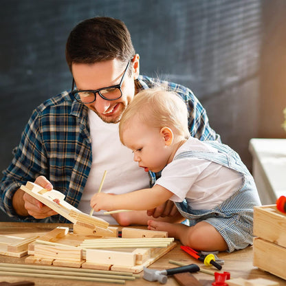 Smithy's wooden dowel rods 15cm used in crafting with a father and child enjoying woodworking together
