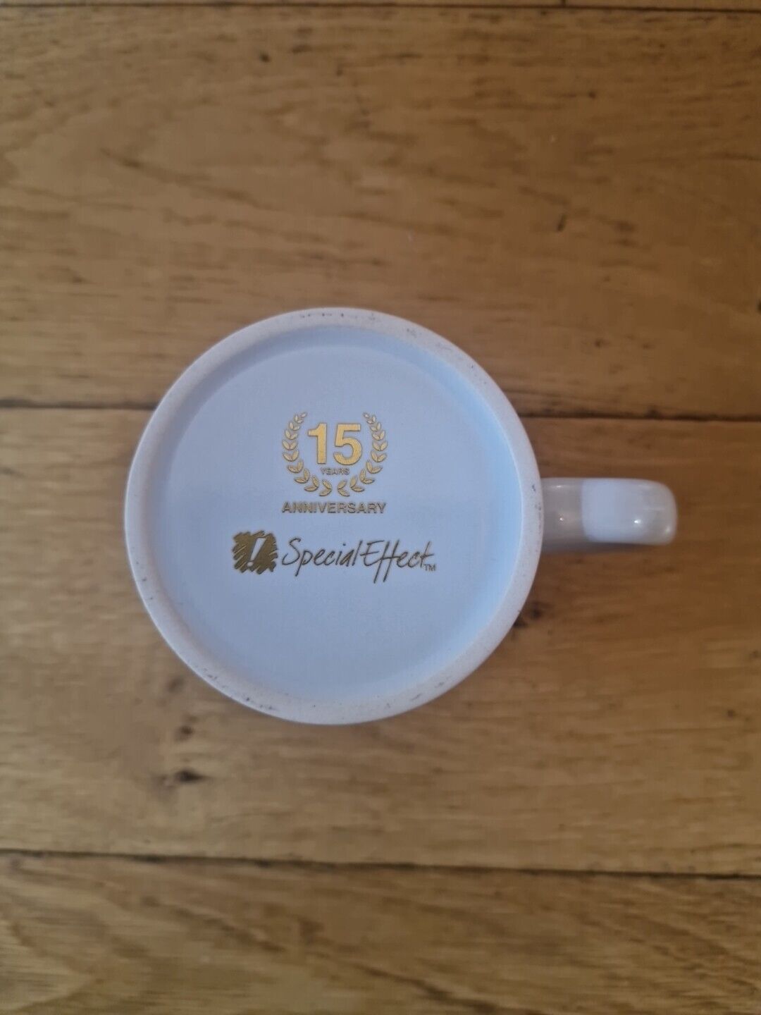 Special Effects 15th Anniversary mug featuring a gold celebration design on the base