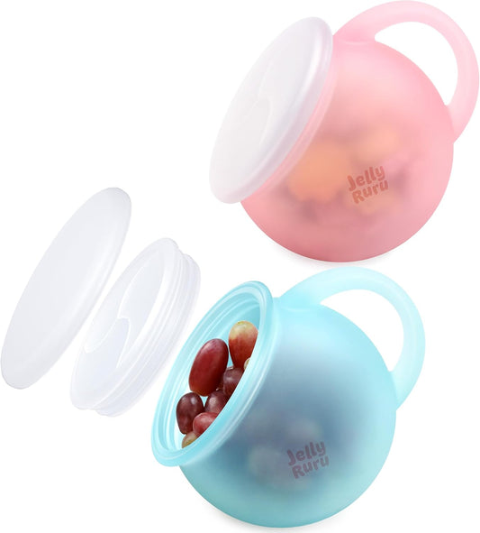 Jelly Ruru spill proof toddler snack cup pink with a secure lid and easy grip handles
