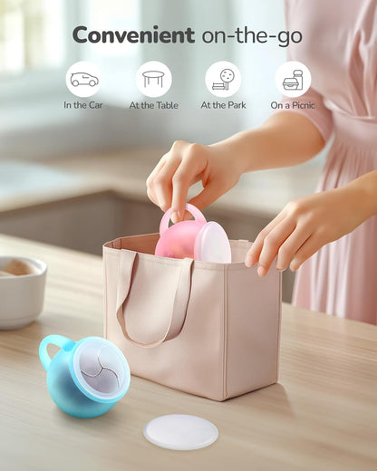 Jelly Ruru spill proof toddler snack cup pink being packed into a reusable bag for convenient use
