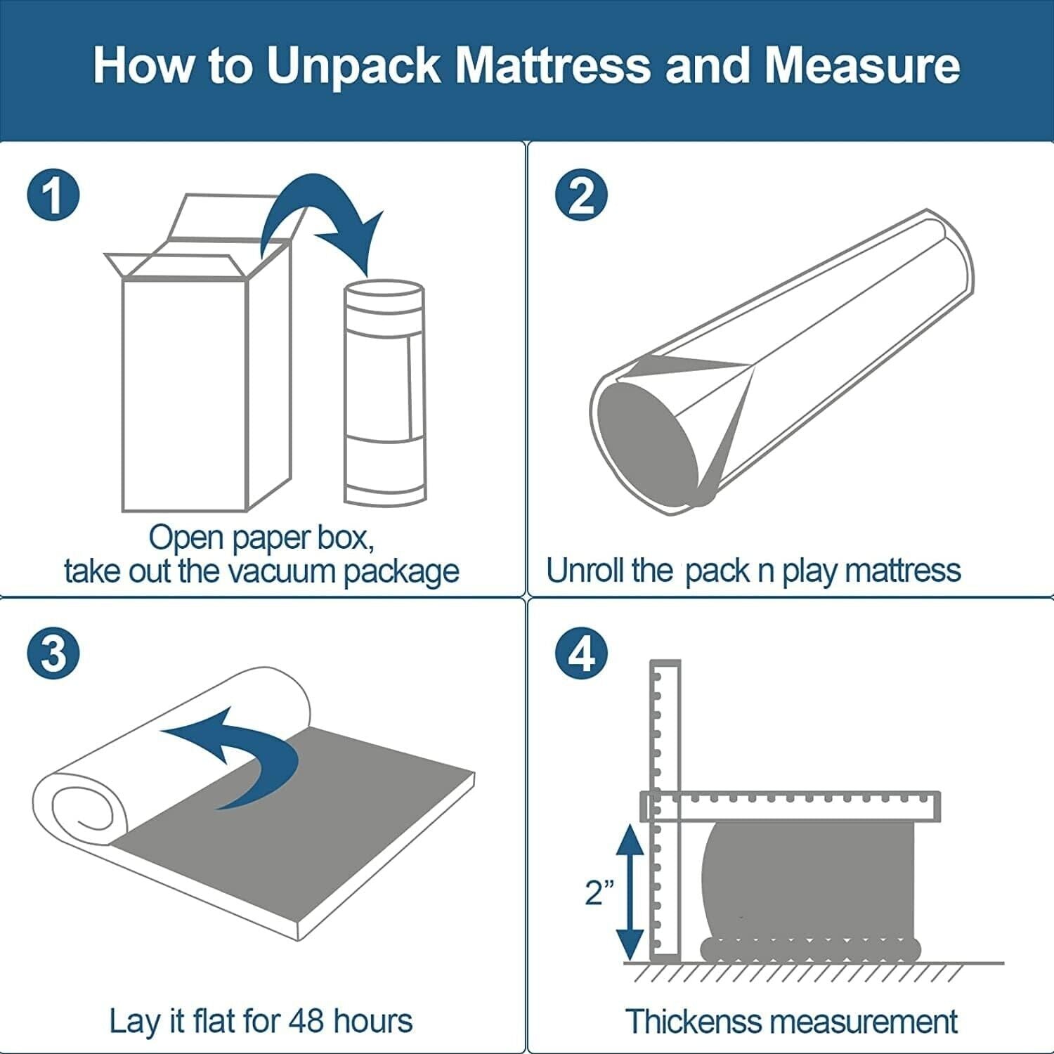 Instructions for unpacking the Sprintspirit cot mattress for travel with step-by-step visuals