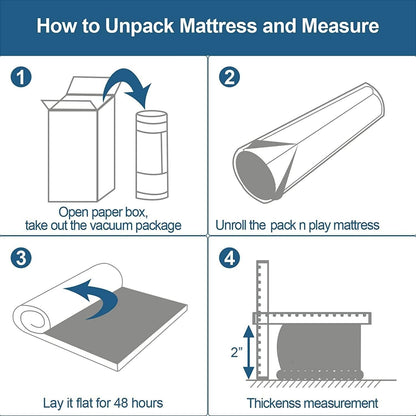Instructions for unpacking the Sprintspirit cot mattress for travel with step-by-step visuals