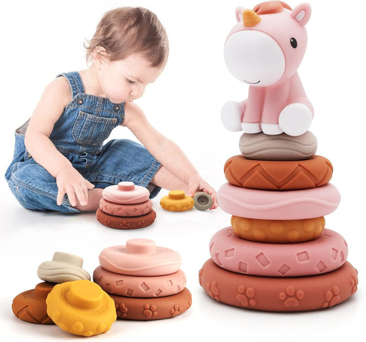 Nueplay stacking circle cognitive toy with soft silicone rings and a charming unicorn design