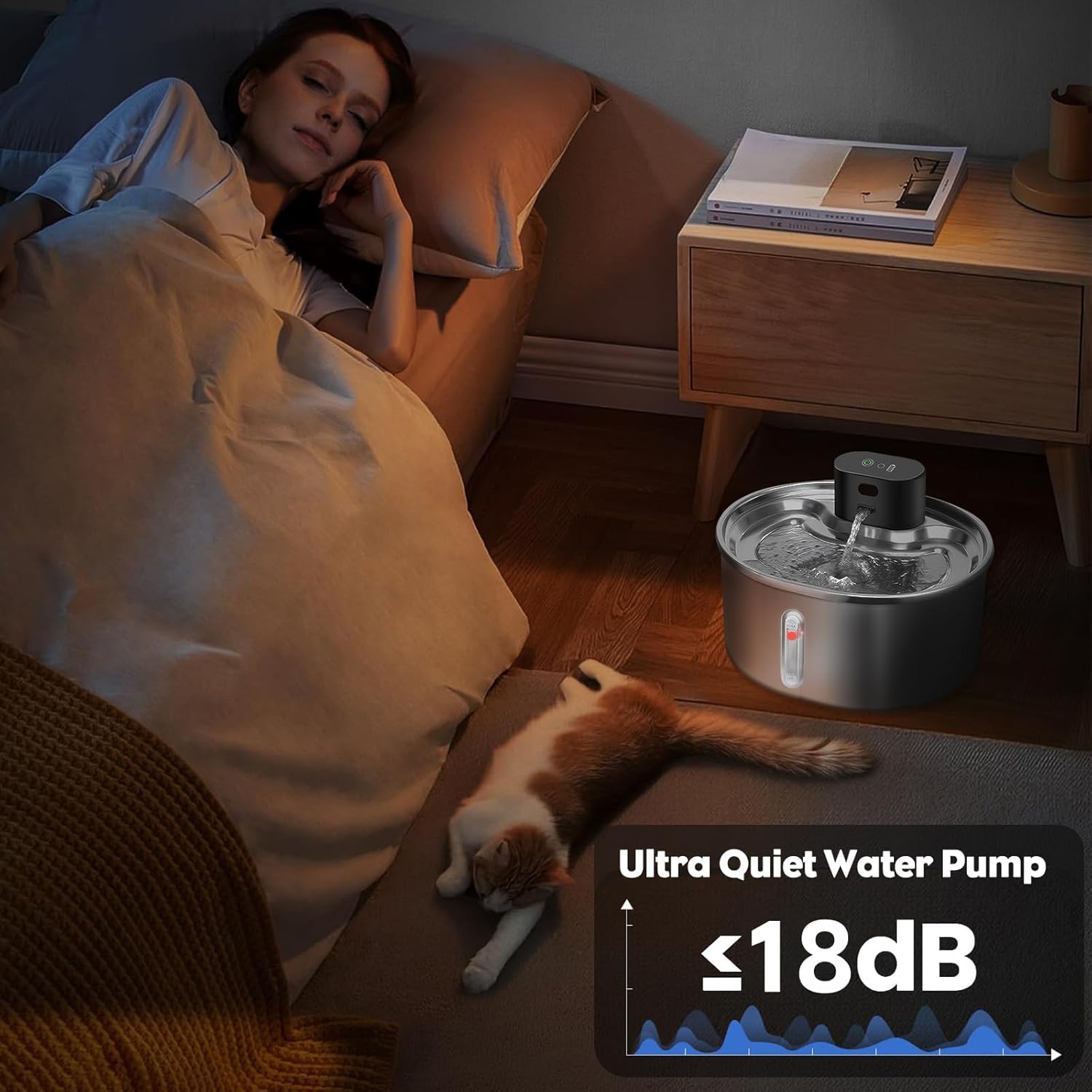 SUPERFA stainless steel cat water fountain with ultra-quiet pump, ideal for night-time use