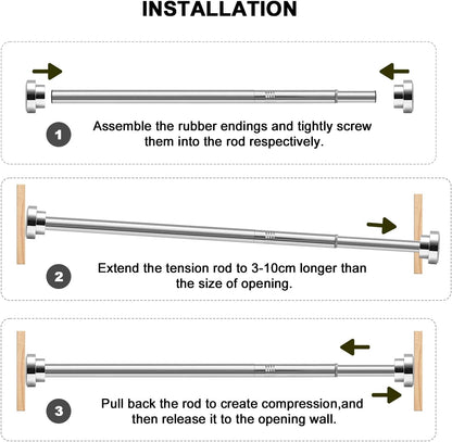 Installation guide for stainless steel extendable shower curtain rod with rubber endings and tension mechanism