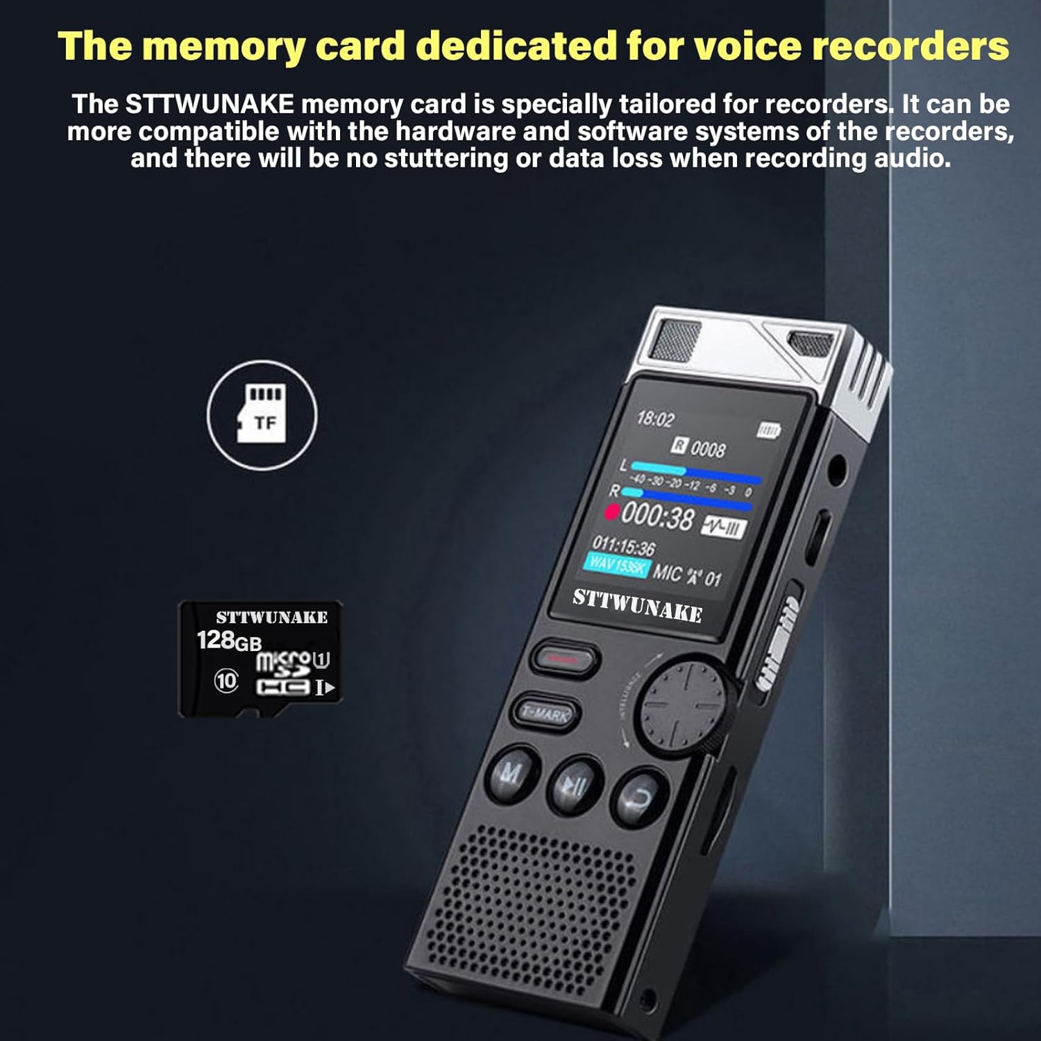 STTWUNAKE dual-core digital voice recorder with LED display and dedicated memory card for seamless recordings