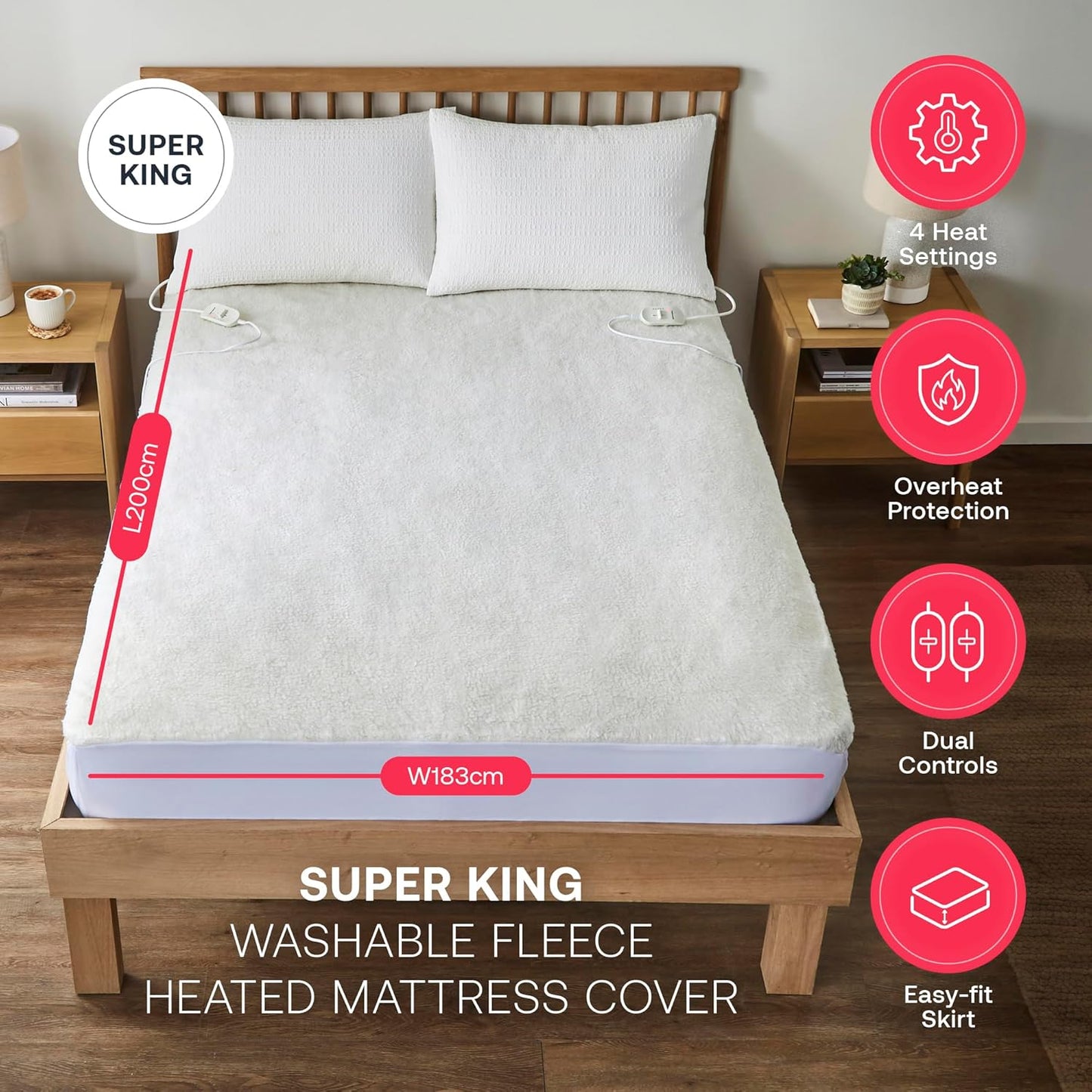Dimplex super king electric fleece mattress cover with 4 heat settings and dual controls on a bed