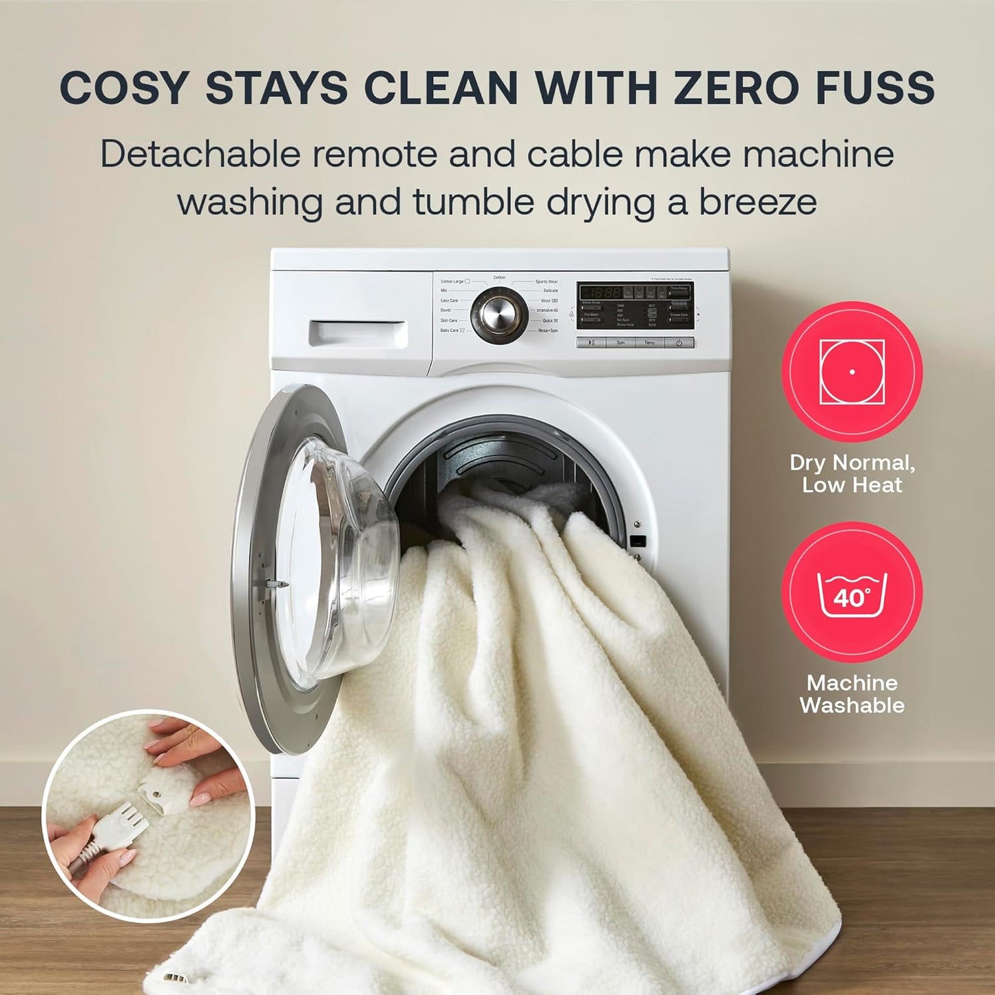 Super king electric fleece mattress cover being machine washed easily with detachable remote for convenience